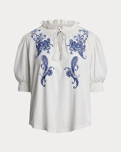 Embroidered Jersey Tie-Neck Top