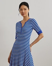 Striped Waffle-Knit Cotton Henley Dress