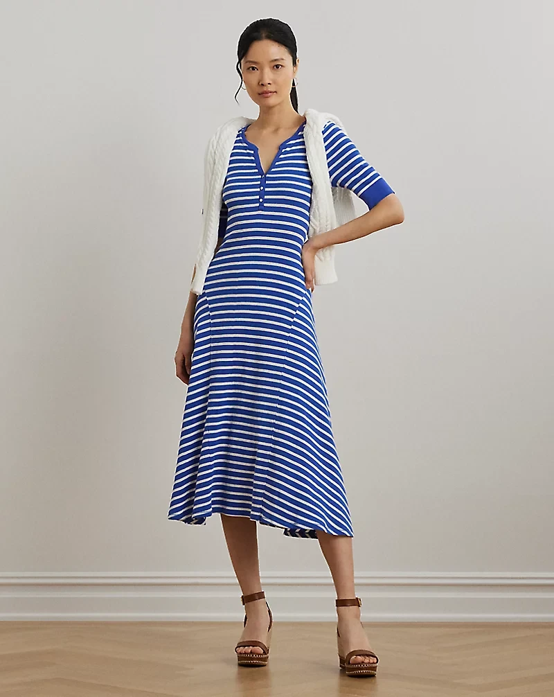 Striped Waffle-Knit Cotton Henley Dress