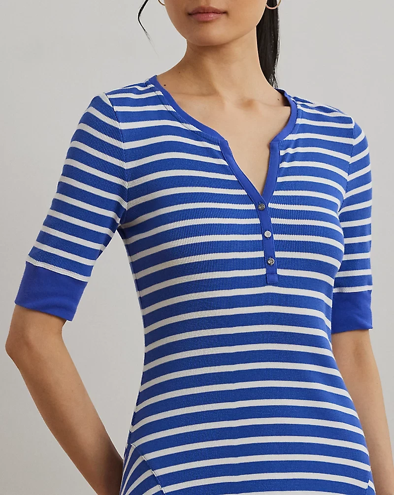 Striped Waffle-Knit Cotton Henley Dress