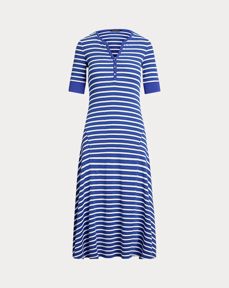 Striped Waffle-Knit Cotton Henley Dress