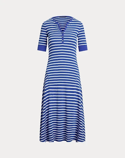 Striped Waffle-Knit Cotton Henley Dress