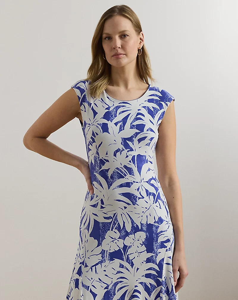 Palm-Frond-Print Stretch Jersey Dress