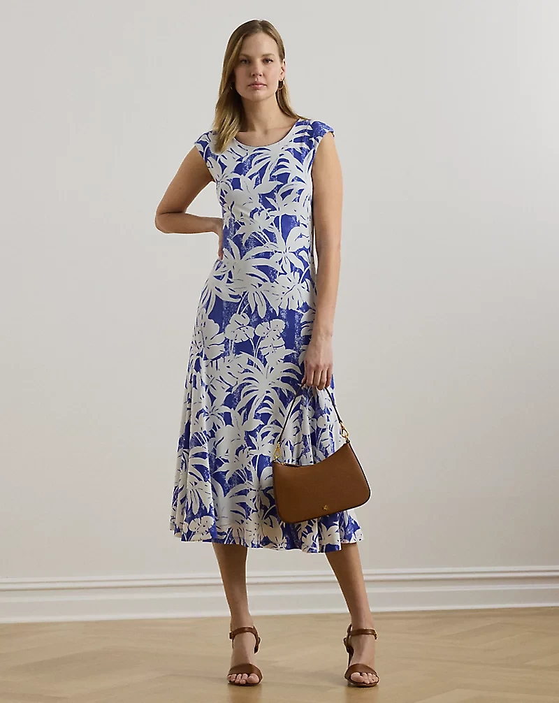 Palm-Frond-Print Stretch Jersey Dress