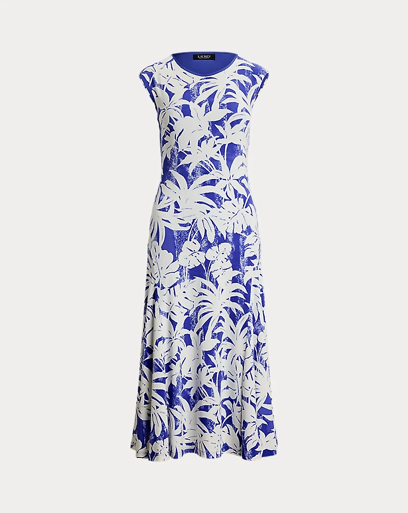 Palm-Frond-Print Stretch Jersey Dress