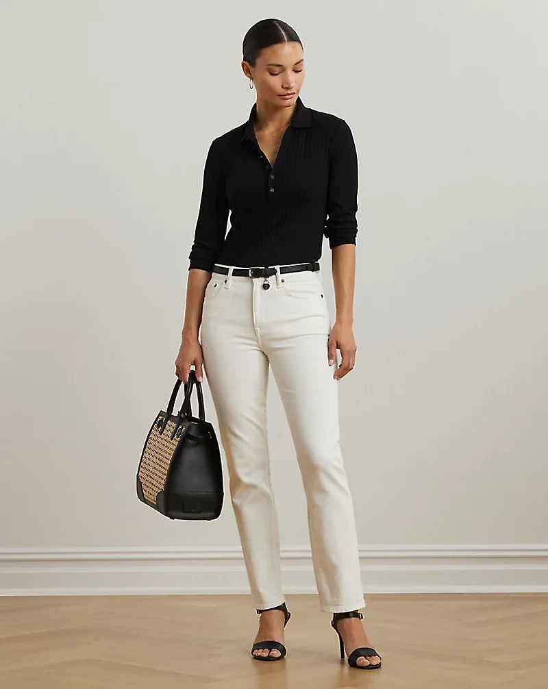 Rib-Knit Three-Quarter-Sleeve Polo Shirt