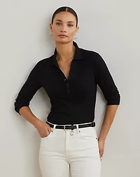 Rib-Knit Three-Quarter-Sleeve Polo Shirt