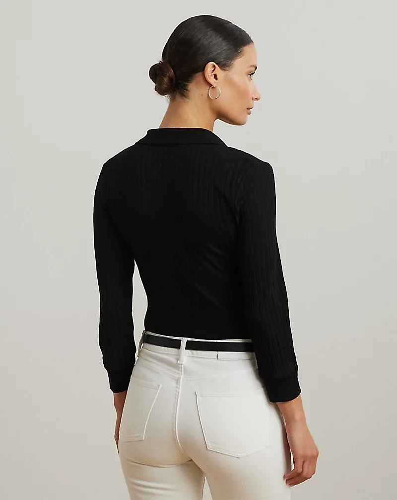 Rib-Knit Three-Quarter-Sleeve Polo Shirt