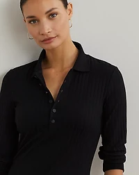Rib-Knit Three-Quarter-Sleeve Polo Shirt