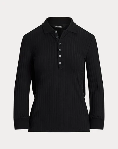 Rib-Knit Three-Quarter-Sleeve Polo Shirt