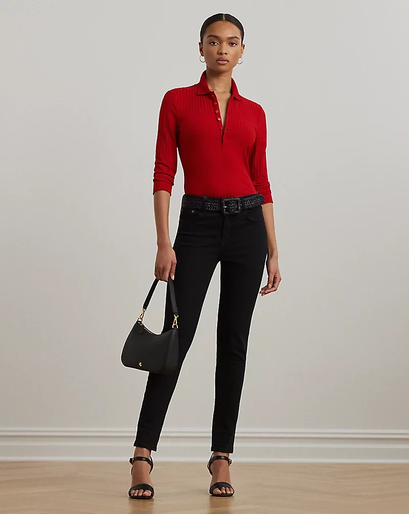 Rib-Knit Three-Quarter-Sleeve Polo Shirt