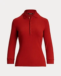 Rib-Knit Three-Quarter-Sleeve Polo Shirt