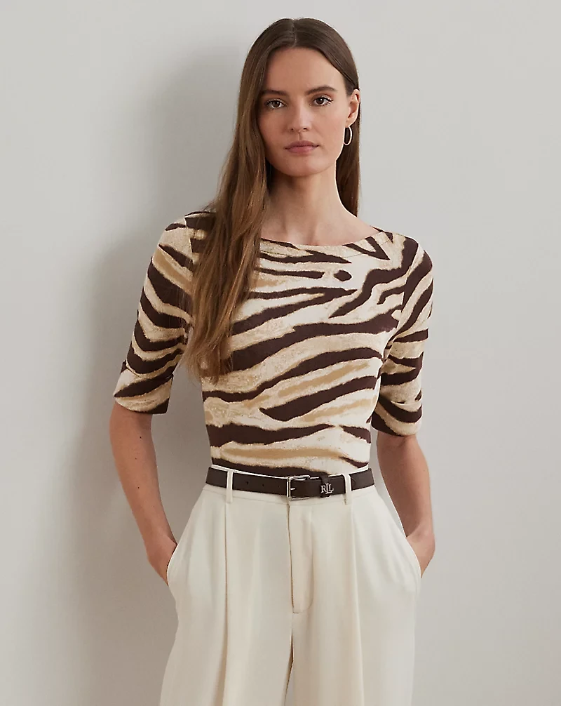 Zebra-Print Stretch Cotton Boatneck Tee
