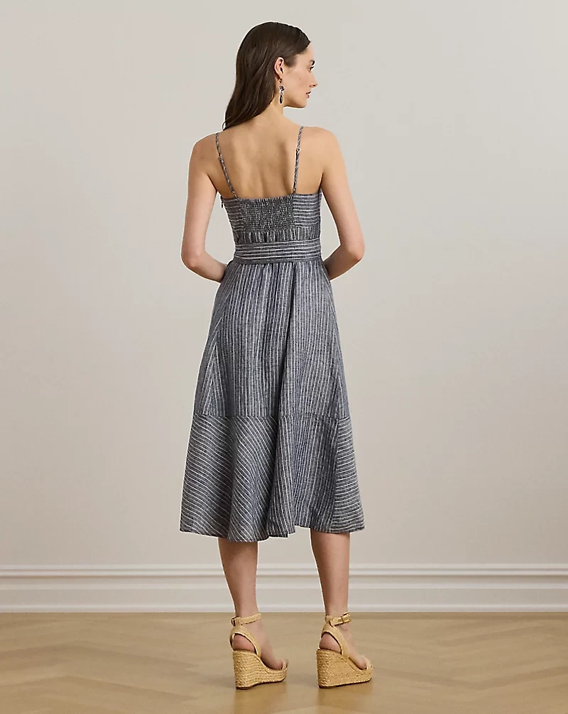 Striped Belted Linen Sleeveless Dress