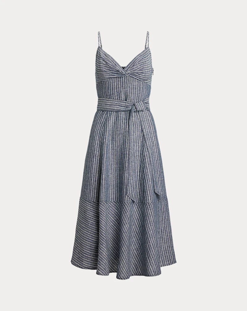 Striped Belted Linen Sleeveless Dress
