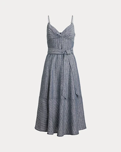 Striped Belted Linen Sleeveless Dress