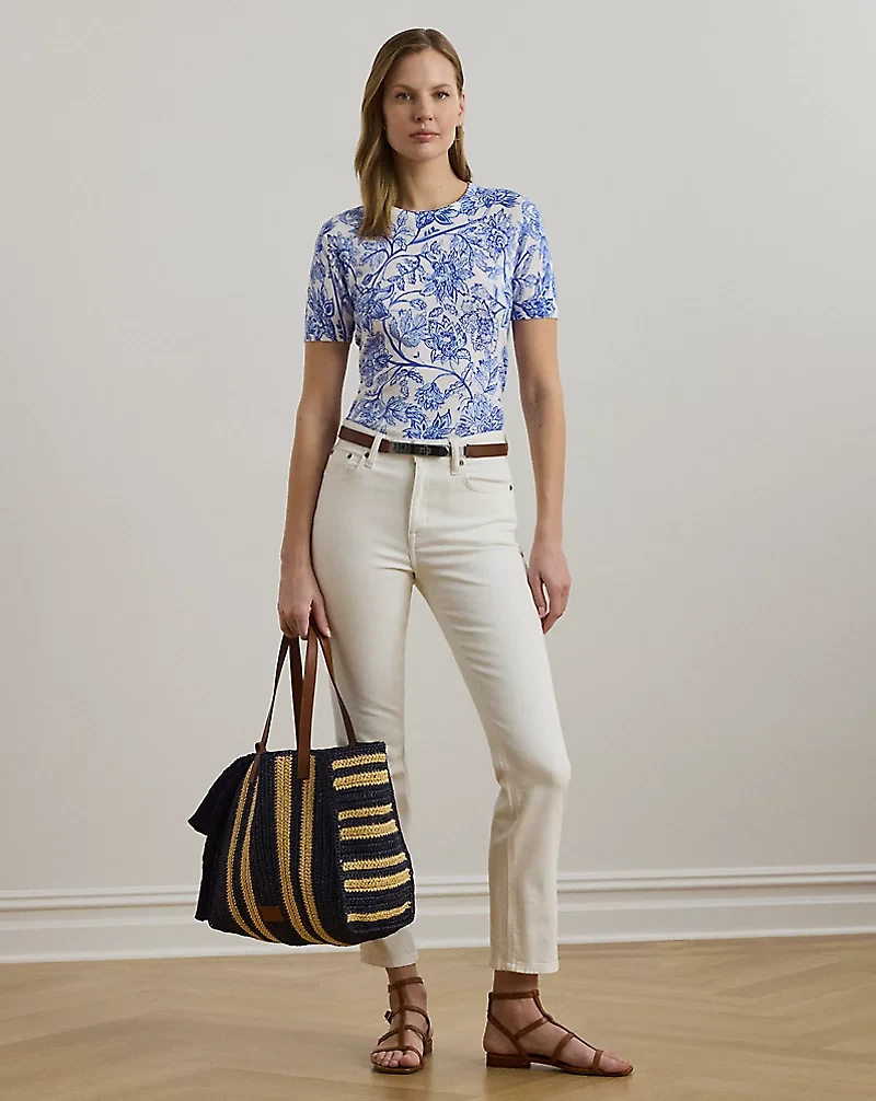 Floral Linen-Cotton Short-Sleeve Sweater