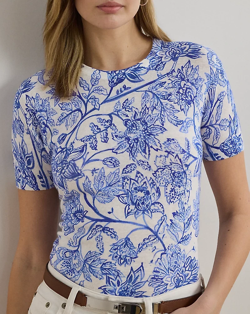 Floral Linen-Cotton Short-Sleeve Sweater