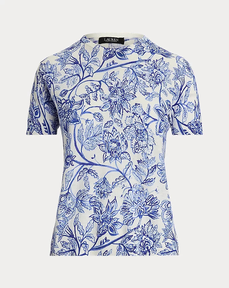 Floral Linen-Cotton Short-Sleeve Sweater