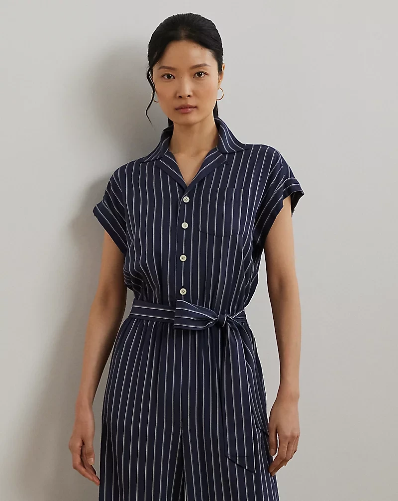 Striped Belted Twill Wide-Leg Jumpsuit