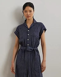 Striped Belted Twill Wide-Leg Jumpsuit