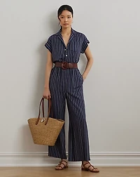 Striped Belted Twill Wide-Leg Jumpsuit