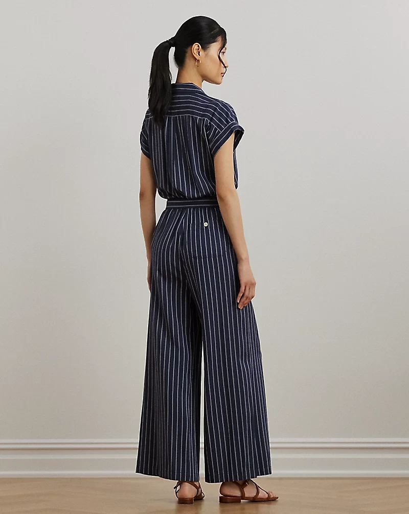 Striped Belted Twill Wide-Leg Jumpsuit