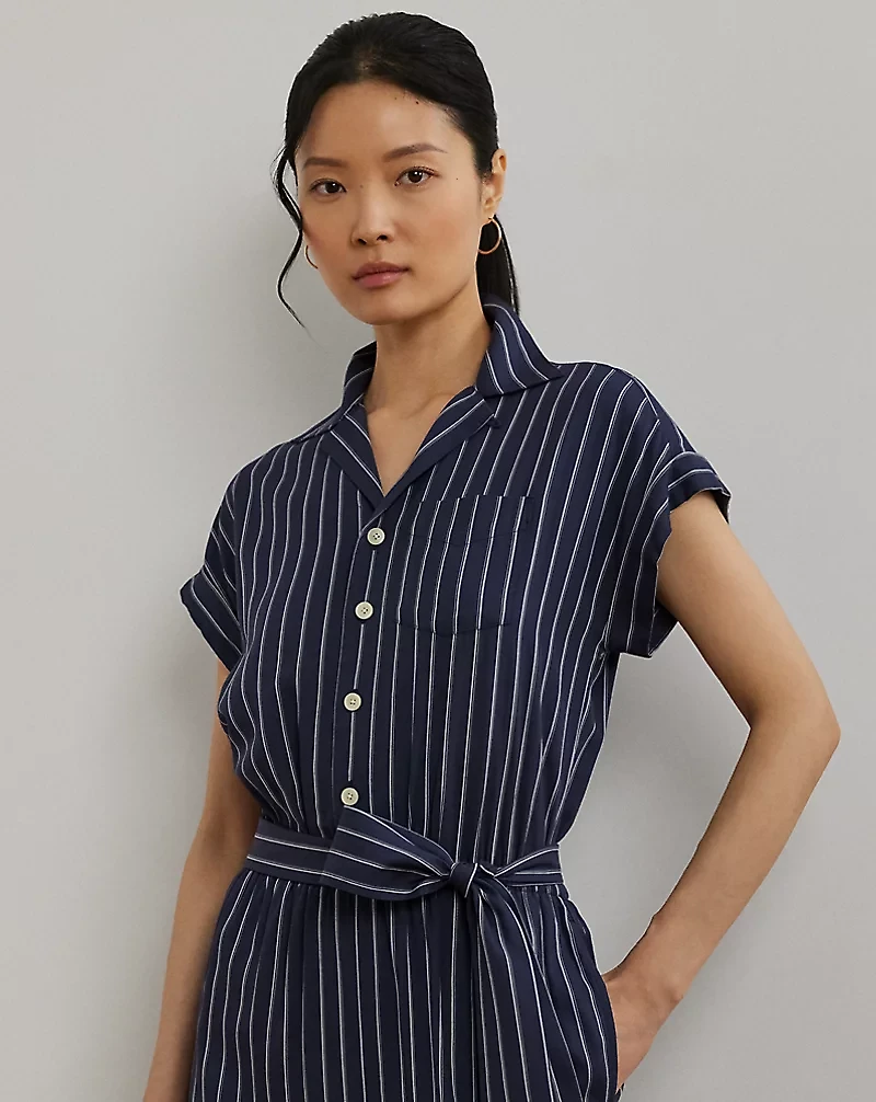 Striped Belted Twill Wide-Leg Jumpsuit