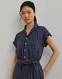 Striped Belted Twill Wide-Leg Jumpsuit