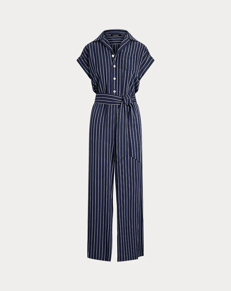 Striped Belted Twill Wide-Leg Jumpsuit