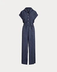 Striped Belted Twill Wide-Leg Jumpsuit