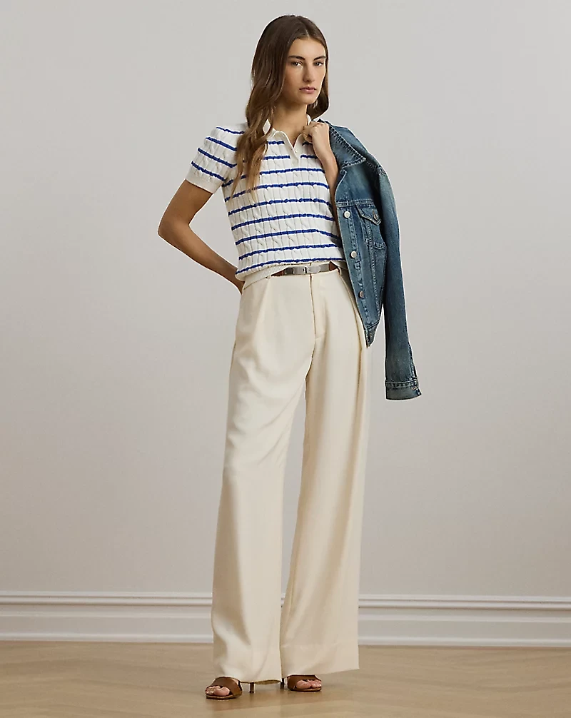 Striped Cable-Knit Cotton Polo Sweater