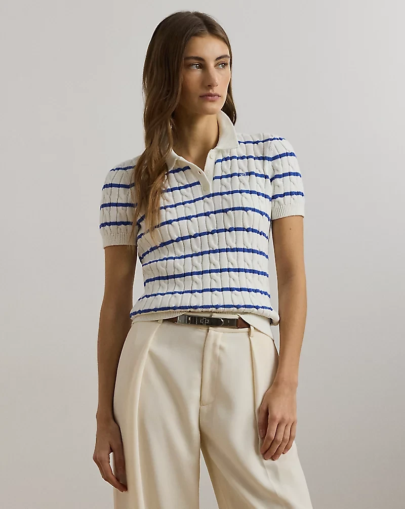Striped Cable-Knit Cotton Polo Sweater