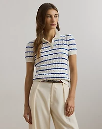 Striped Cable-Knit Cotton Polo Sweater
