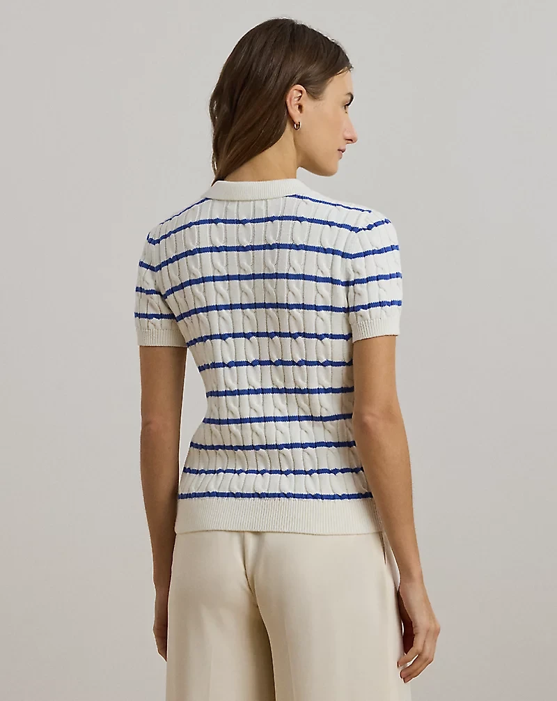 Striped Cable-Knit Cotton Polo Sweater