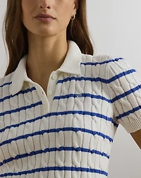 Striped Cable-Knit Cotton Polo Sweater