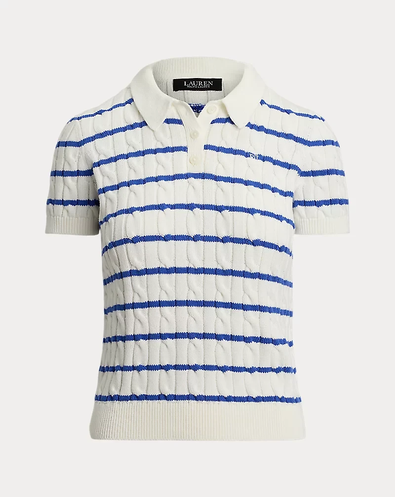 Striped Cable-Knit Cotton Polo Sweater