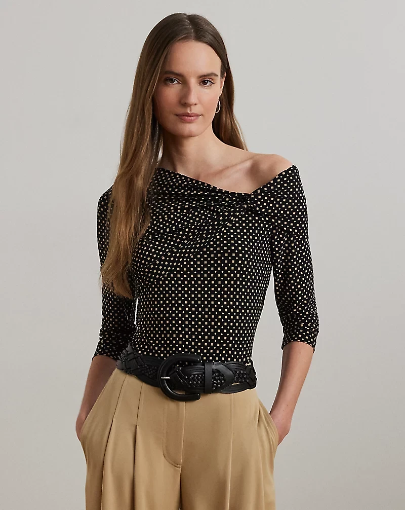 Geo-Print Jersey Off-the-Shoulder Top