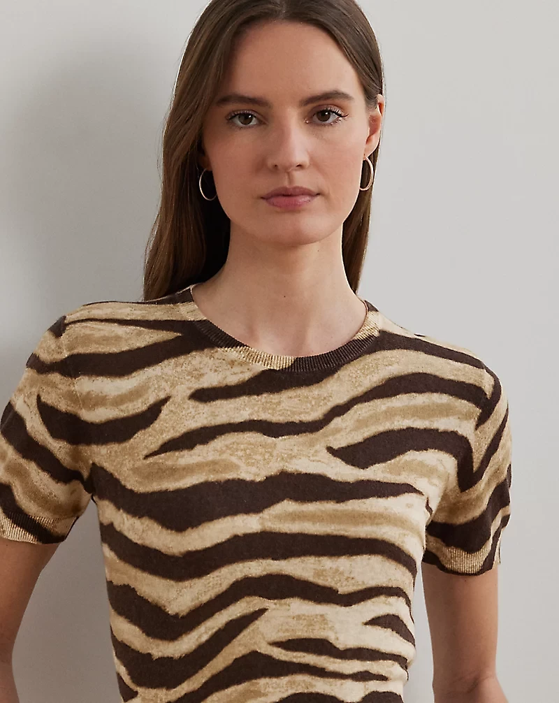 Print Linen-Cotton Short-Sleeve Sweater