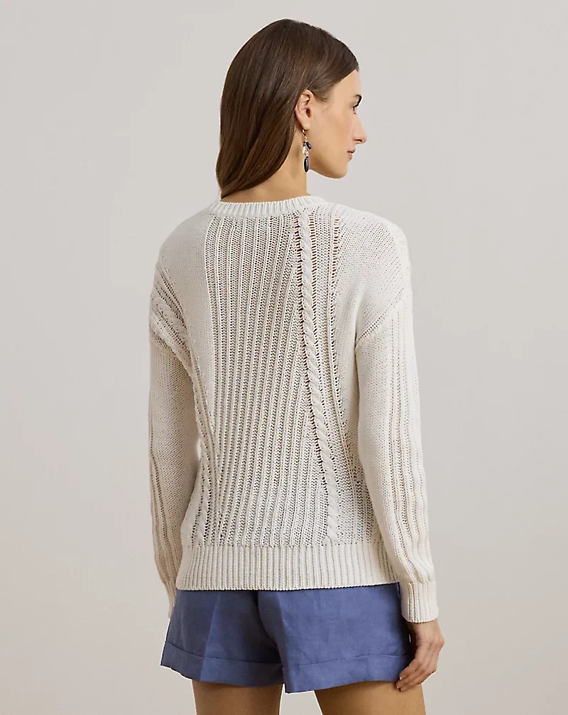 Pointelle-Knit Cotton Crewneck Sweater