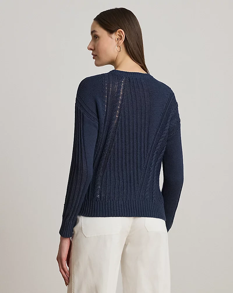 Pointelle-Knit Cotton Crewneck Sweater