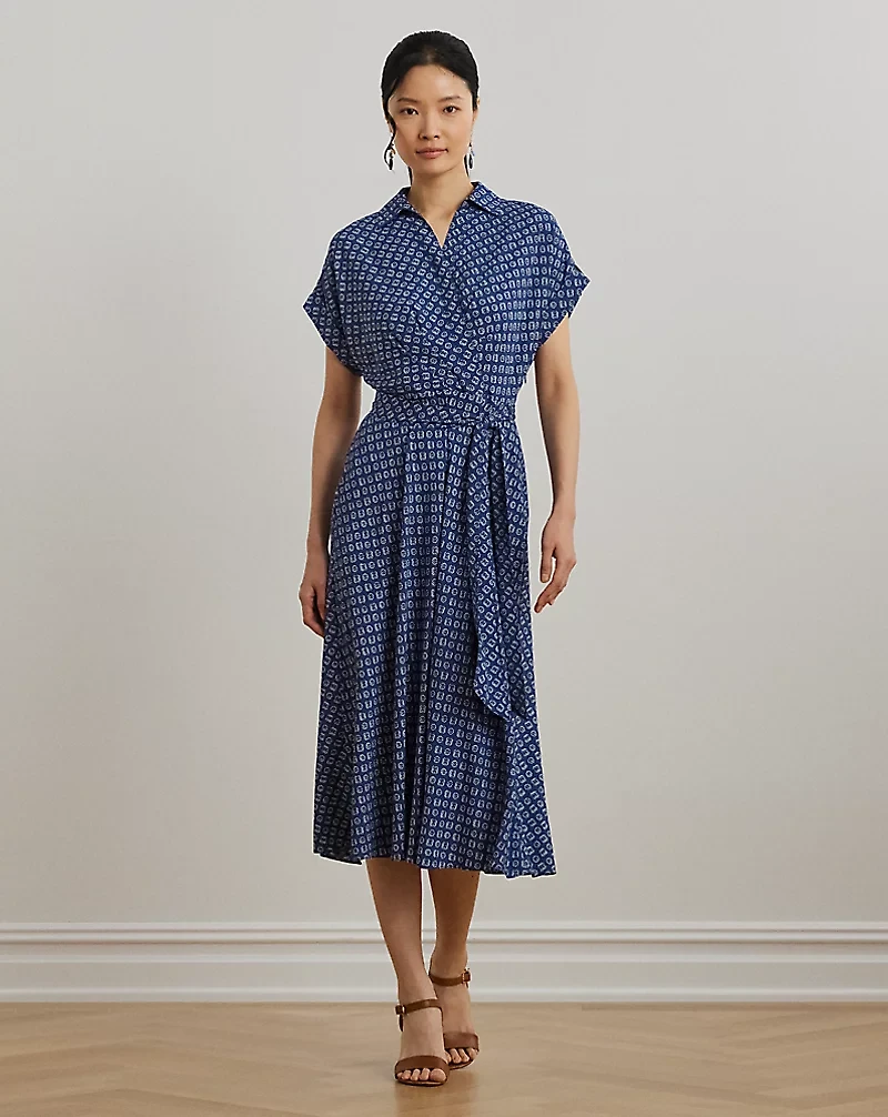 Geo-Print Belted Crepe Dress
