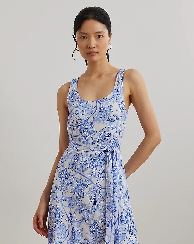 Floral Belted Crepe Sleeveless Dress