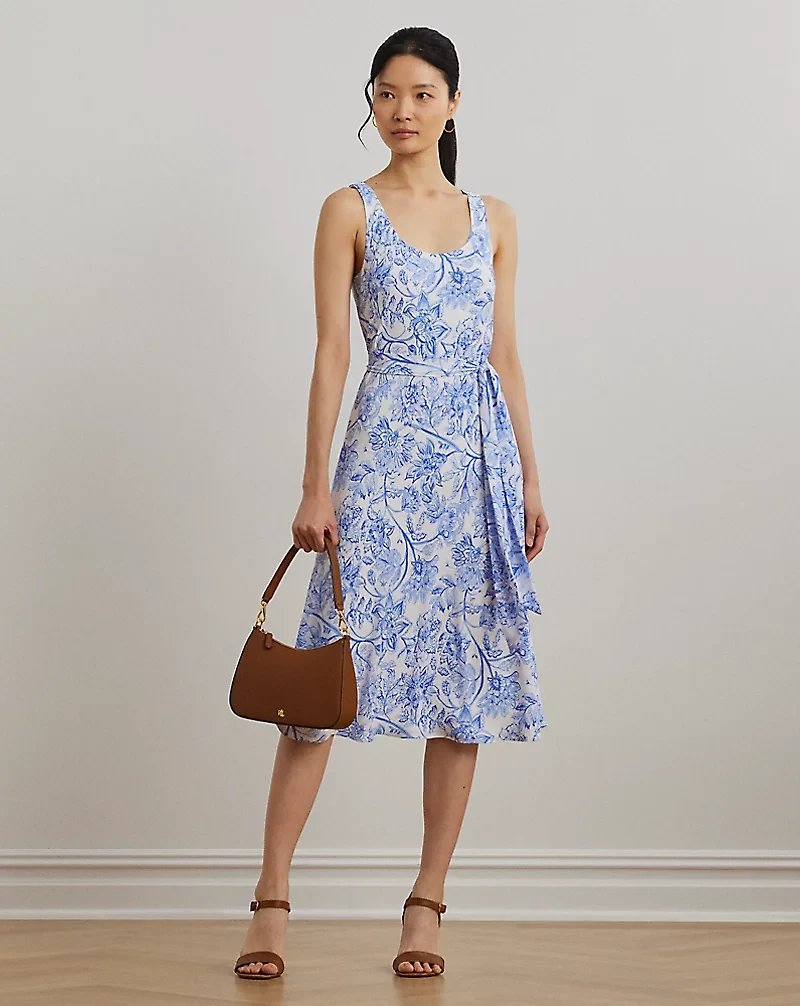 Floral Belted Crepe Sleeveless Dress
