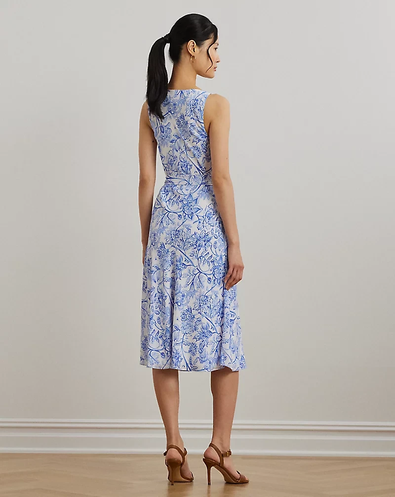 Floral Belted Crepe Sleeveless Dress