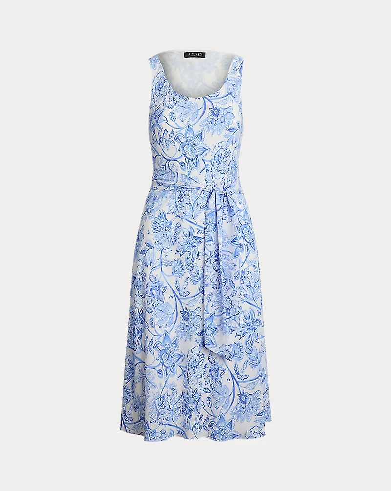 Floral Belted Crepe Sleeveless Dress