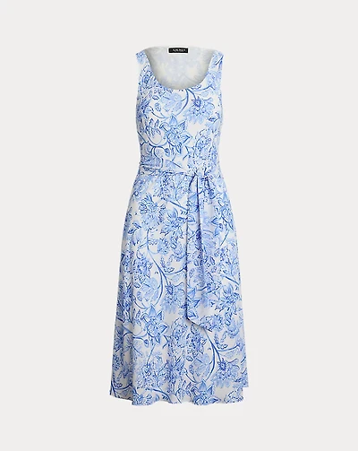 Floral Belted Crepe Sleeveless Dress