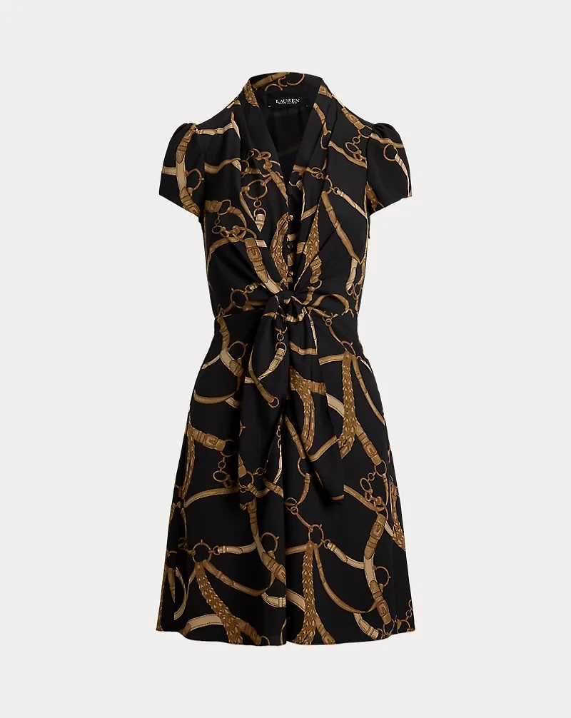 Belting-Print Crepe Tie-Front Dress