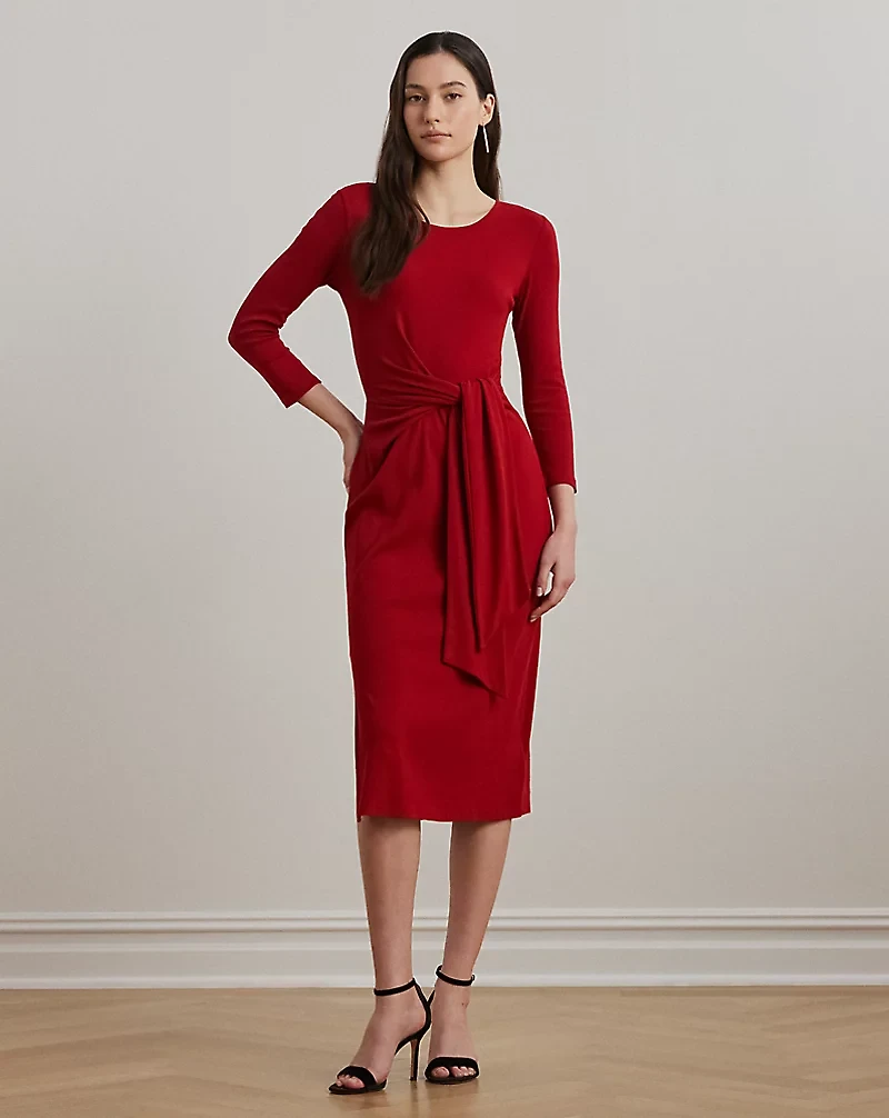 Tie-Front Cotton-Blend Crewneck Dress