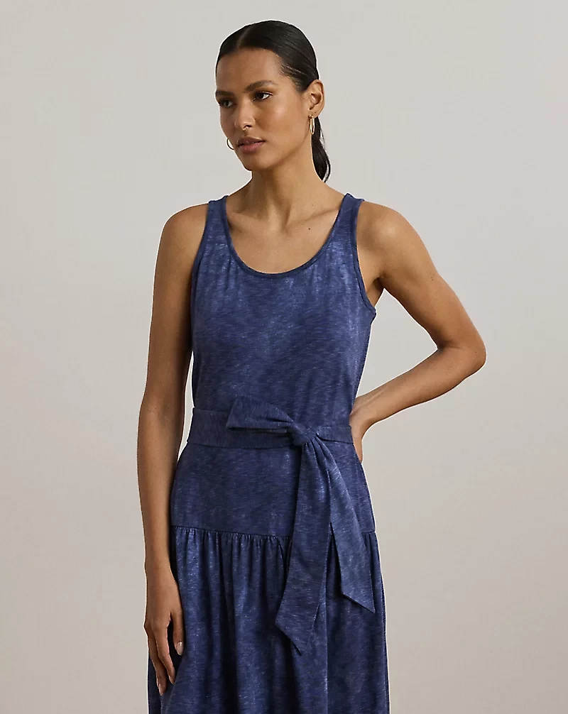 Print Belted Slub Jersey Tiered Dress